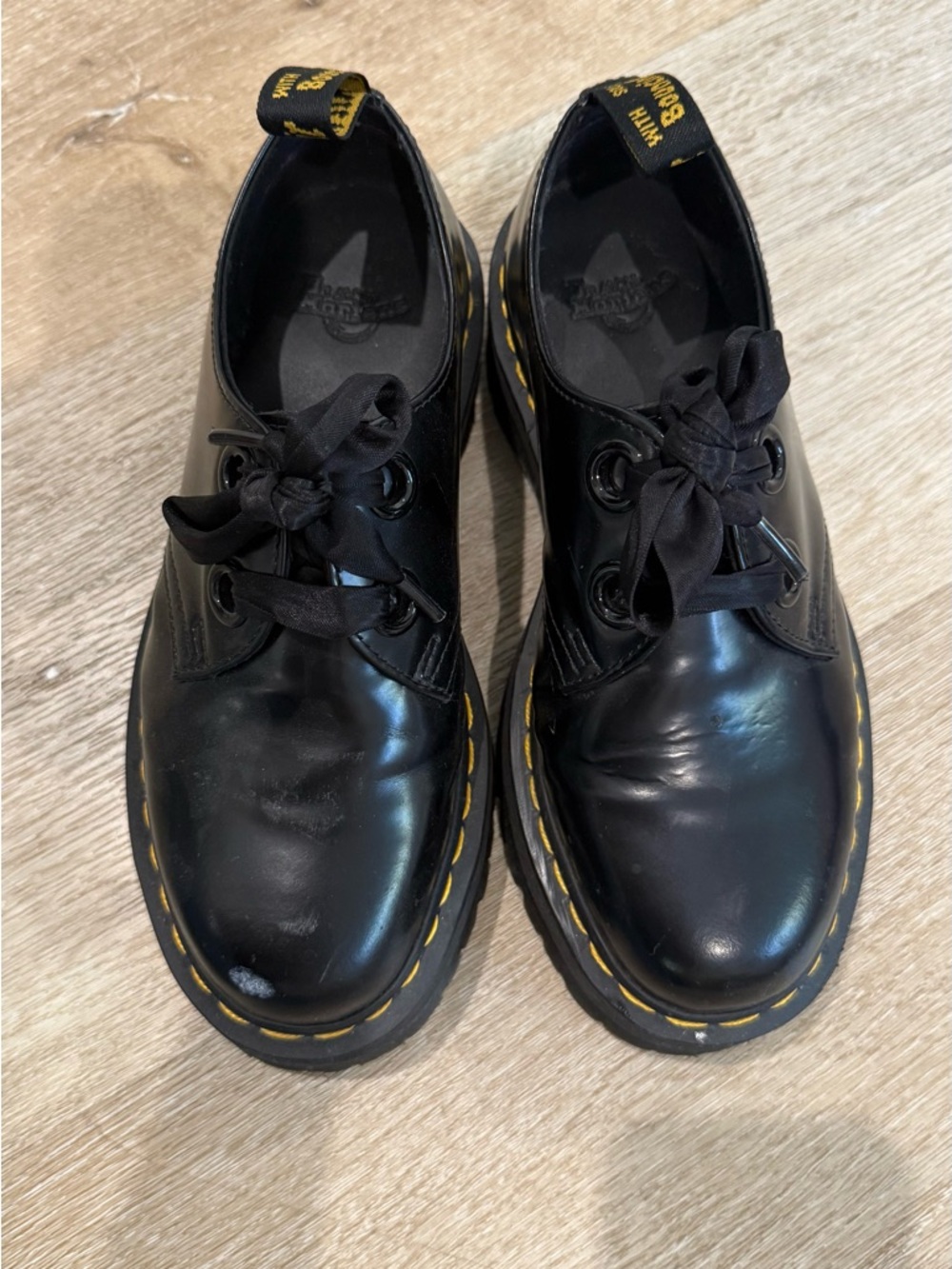 Dr. Martens Black Patent Leather Lace-Up Shoes with Yellow Stitching